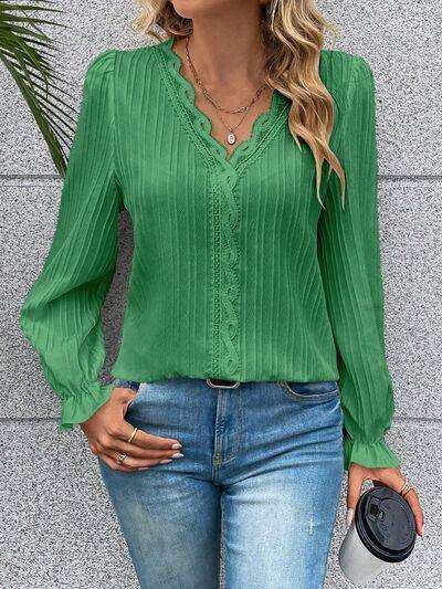 V-Neck Lace Detail Flounce Sleeve Blouse - Trendsi - Flyclothing LLC