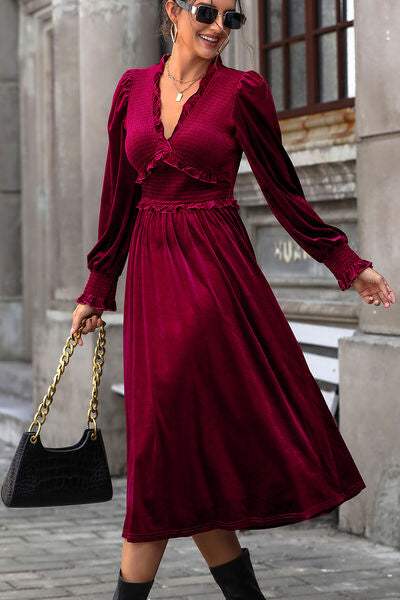 Smocked Lantern Sleeve Midi Dress - Trendsi - Flyclothing LLC