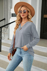Decorative Button V-Neck Long Sleeve T-Shirt - Trendsi