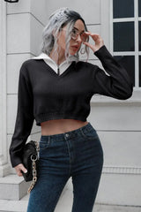 Contrast Collared Cropped Sweater - Trendsi - Flyclothing LLC
