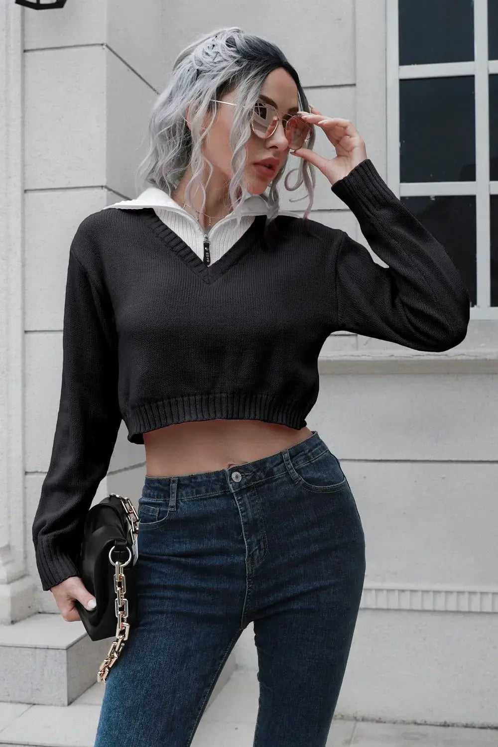 Contrast Collared Cropped Sweater - Trendsi - Flyclothing LLC