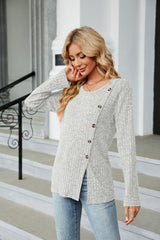Buttoned Long Sleeve Slit Top - Trendsi