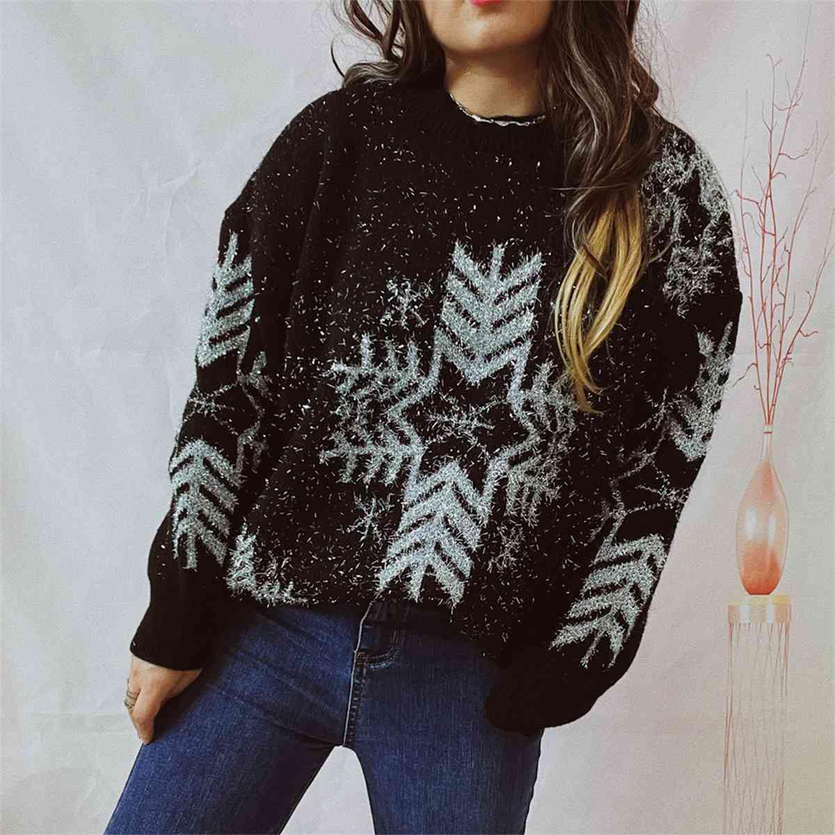 Snowflake Pattern Long Sleeve Sweater - Flyclothing LLC