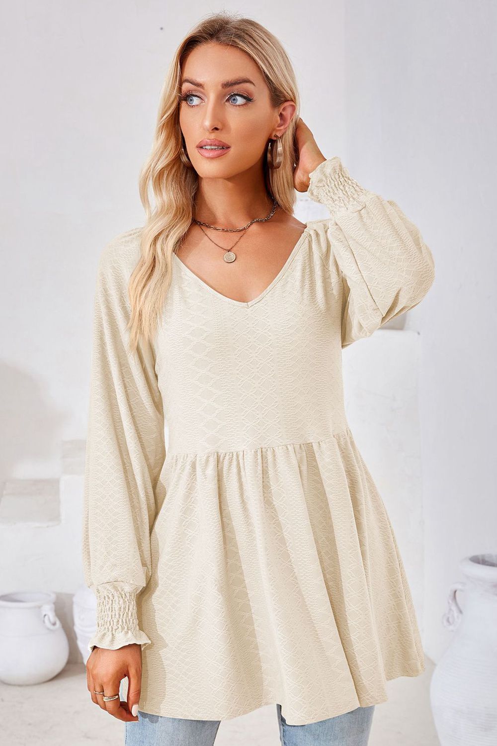 V-Neck Lantern Sleeve Blouse - Trendsi - Flyclothing LLC