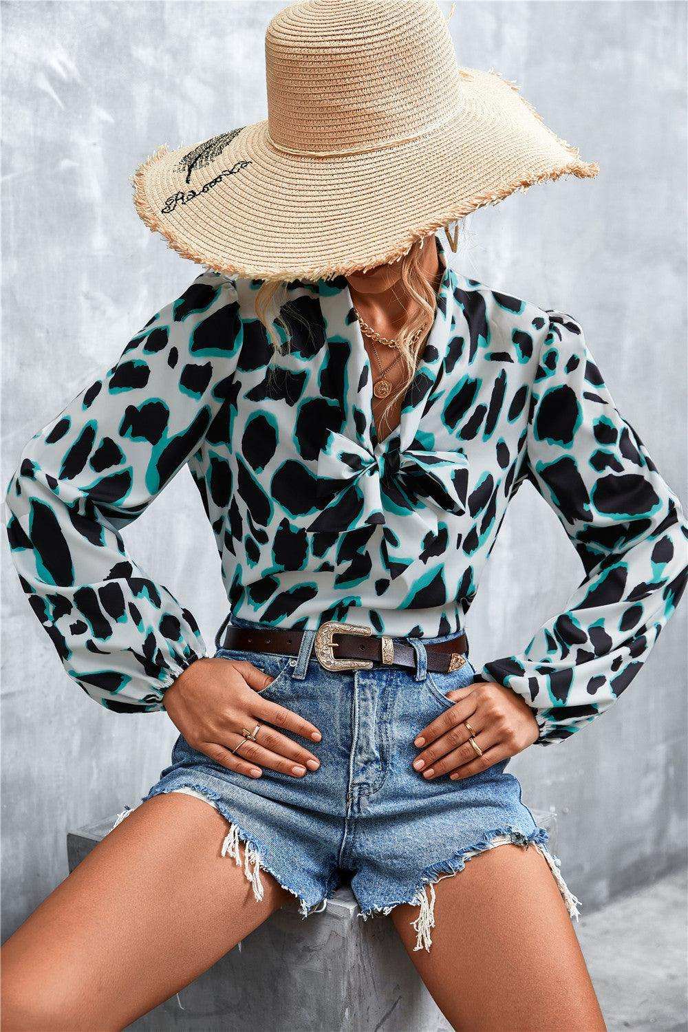 Printed Tie Neck Puff Sleeve Blouse - Trendsi - Flyclothing LLC
