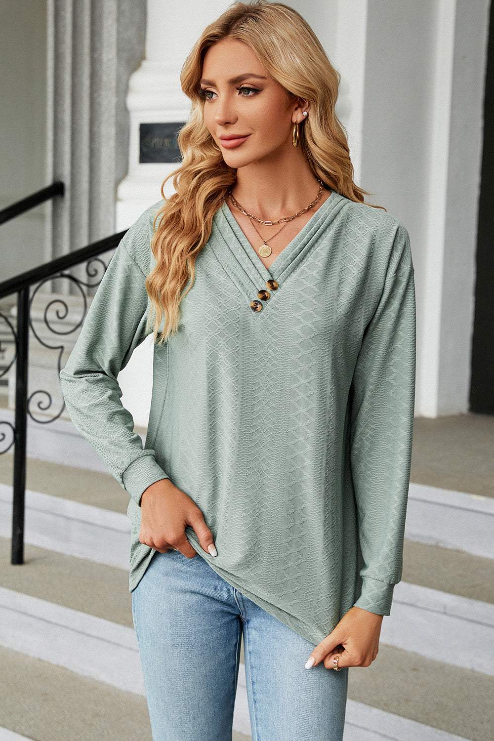 V-Neck Long Sleeve T-Shirt - Trendsi - Flyclothing LLC