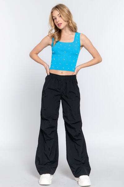 ACTIVE BASIC Pearl Detail Square Neck Cropped Tank - Trendsi - Flyclothing LLC