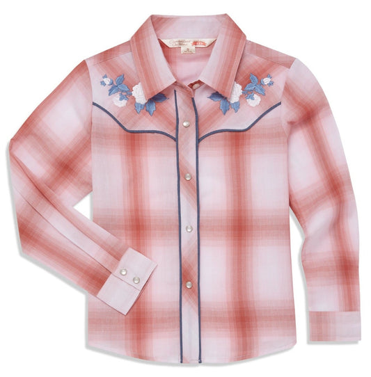Girl's Ely Cattleman Plaid Western Snap Shirt with Rose Embroidery