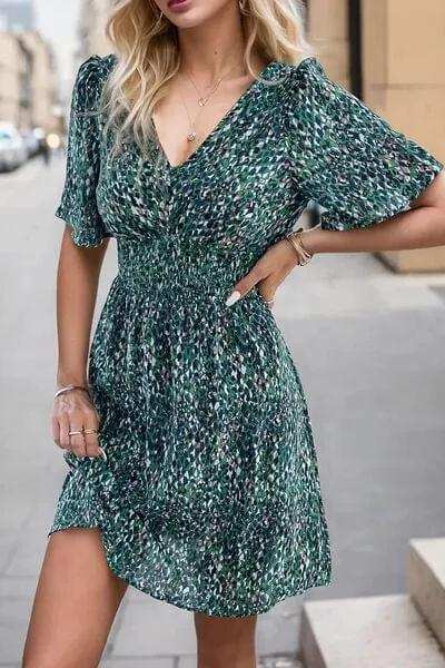 Printed Smocked Crisscross V-Neck Mini Dress - Trendsi - Flyclothing LLC