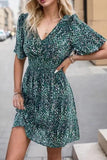 Printed Smocked Crisscross V-Neck Mini Dress - Trendsi