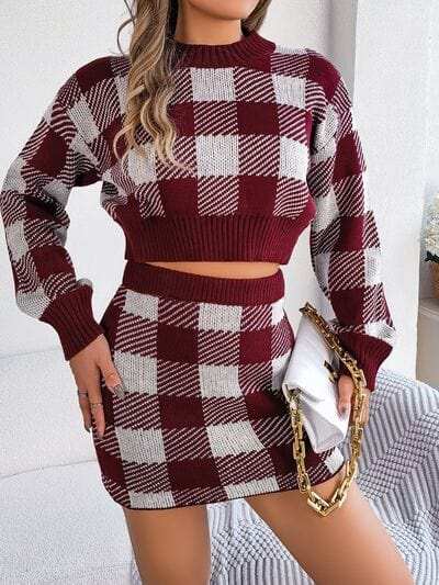 Plaid Round Neck Top and Skirt Sweater Set - Trendsi - Flyclothing LLC