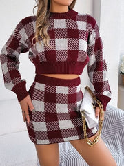 Plaid Round Neck Top and Skirt Sweater Set - Trendsi