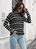 Striped Round Neck Dropped Shoulder Sweater - Trendsi