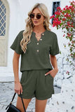 Notched Button Detail Dropped Shoulder Top and Shorts Set - Trendsi - Flyclothing LLC
