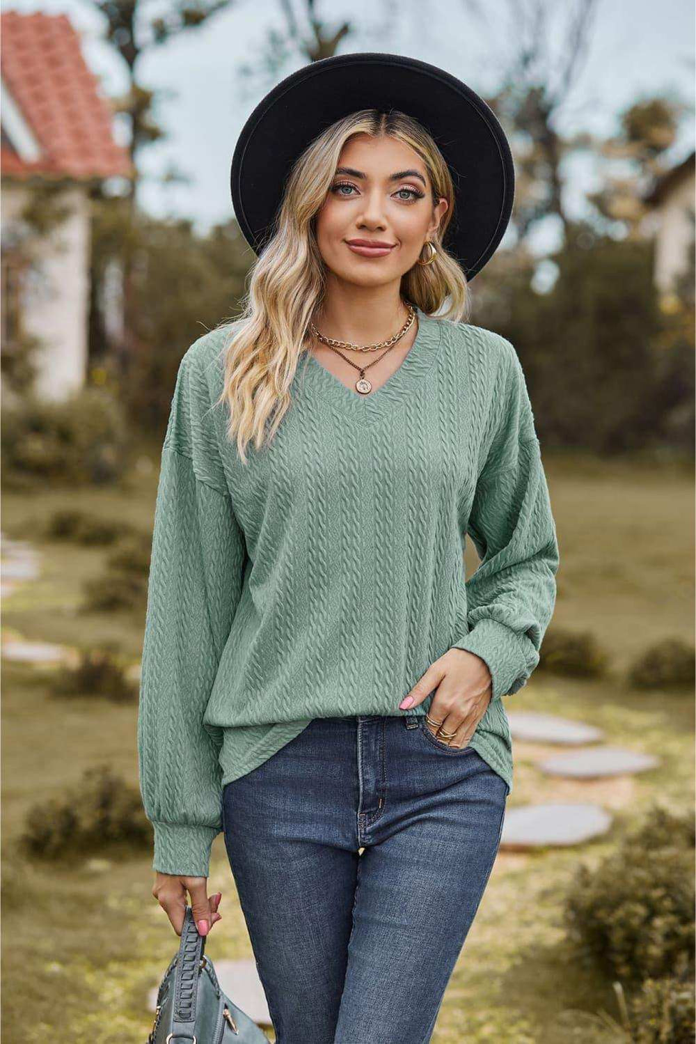 V-Neck Dropped Shoulder Blouse - Trendsi - Flyclothing LLC