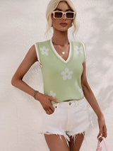 Floral Contrast Ribbed Trim Sweater Vest - Trendsi - Flyclothing LLC