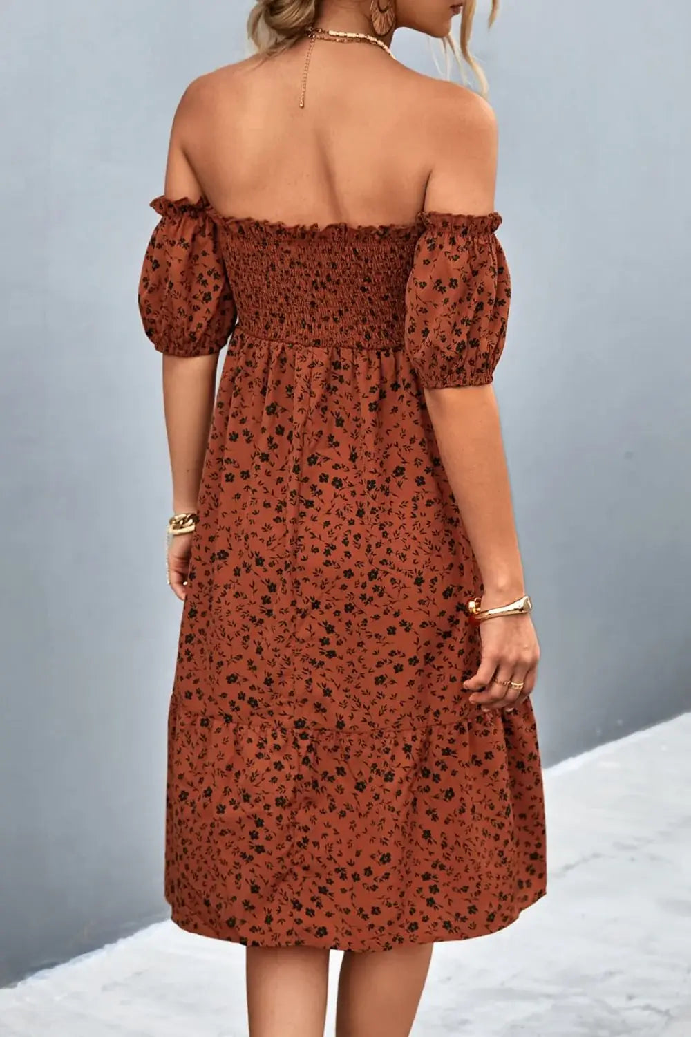 Ditsy Floral Smocked Frill Trim Off-Shoulder Dress - Trendsi - Flyclothing LLC