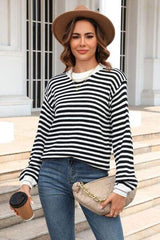 Striped Round Neck Dropped Shoulder Sweater - Trendsi - Flyclothing LLC