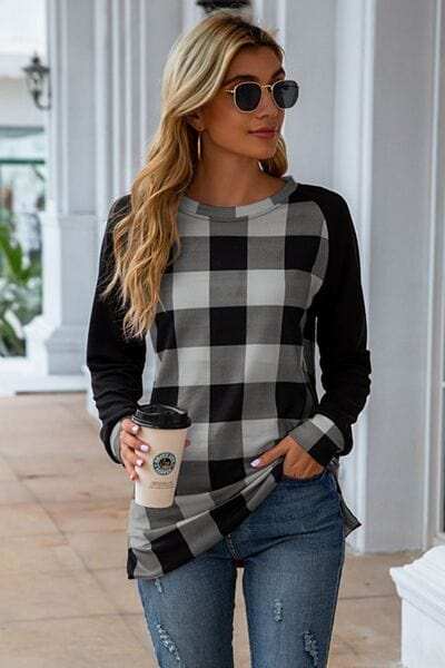 Plaid Round Neck Long Sleeve T-Shirt - Trendsi - Flyclothing LLC