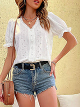 Buttoned V-Neck Flounce Sleeve Top - Trendsi - Flyclothing LLC