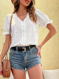 Buttoned V-Neck Flounce Sleeve Top - Trendsi