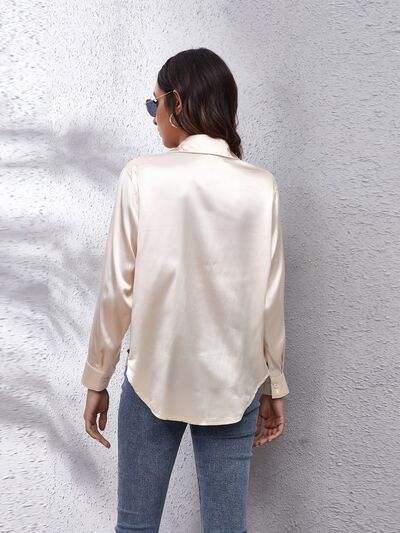 Button Up Collared Neck Long Sleeve Shirt - Trendsi - Flyclothing LLC
