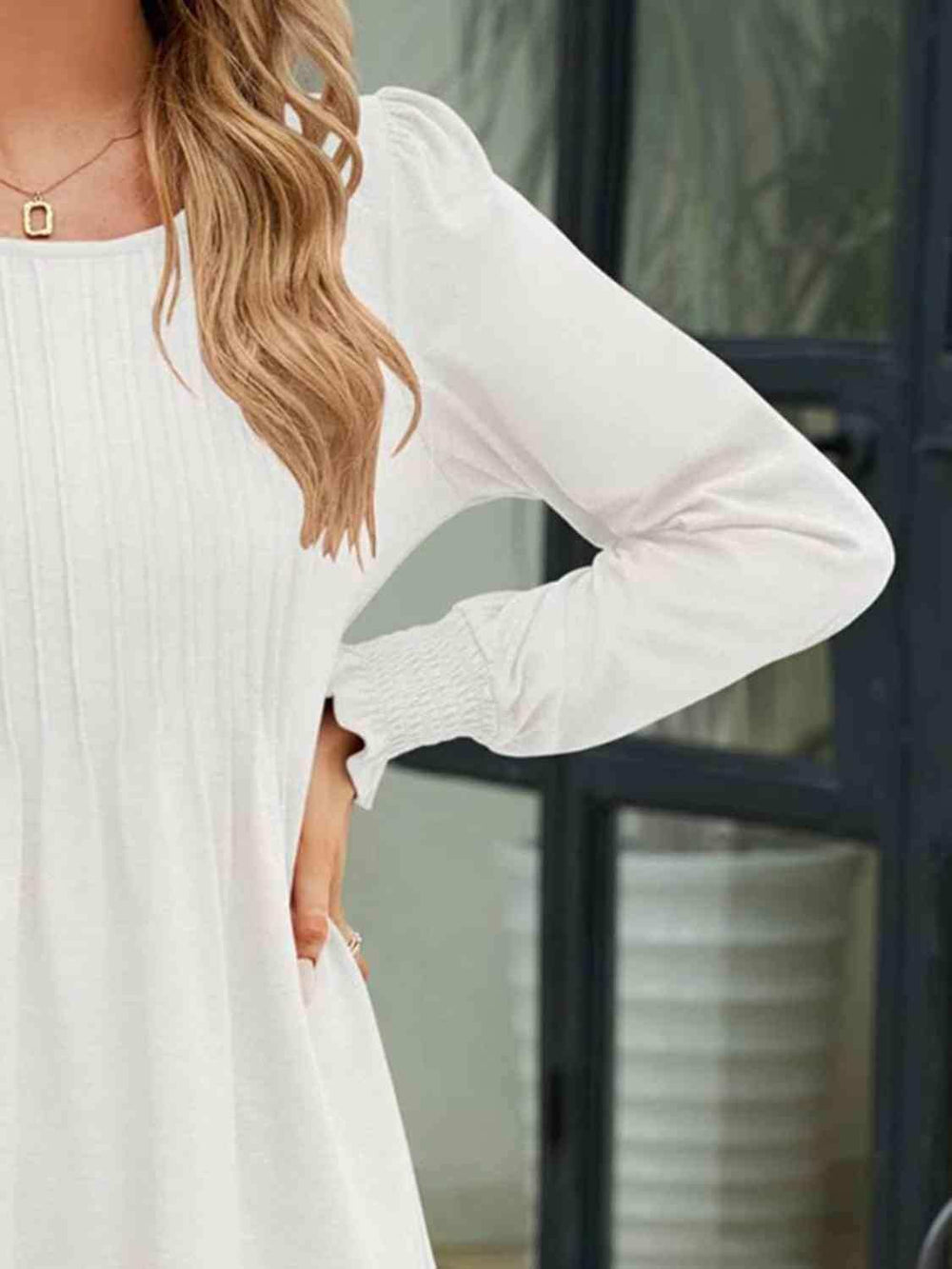 Smocked Round Neck Lantern Sleeve Blouse - Trendsi - Flyclothing LLC