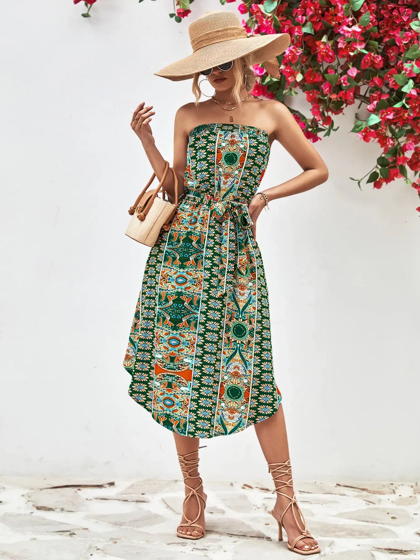 Printed Strapless Tie Belt Dress - Trendsi - Flyclothing LLC