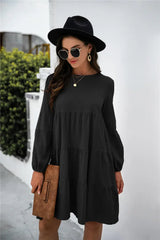 Balloon Sleeve Keyhole Tiered Dress - Trendsi - Flyclothing LLC
