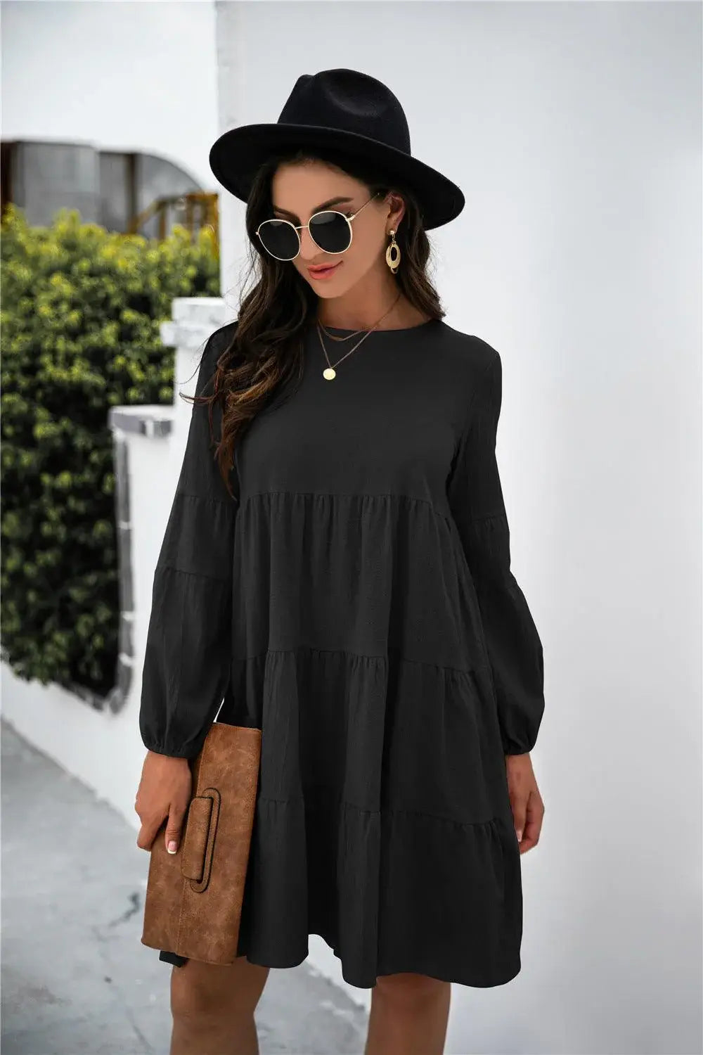 Balloon Sleeve Keyhole Tiered Dress - Trendsi - Flyclothing LLC