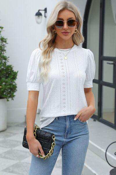 Openwork Round Neck Short Sleeve Blouse - Trendsi - Flyclothing LLC