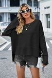 High-Low Slit Round Neck Long Sleeve Sweater - Trendsi - Flyclothing LLC