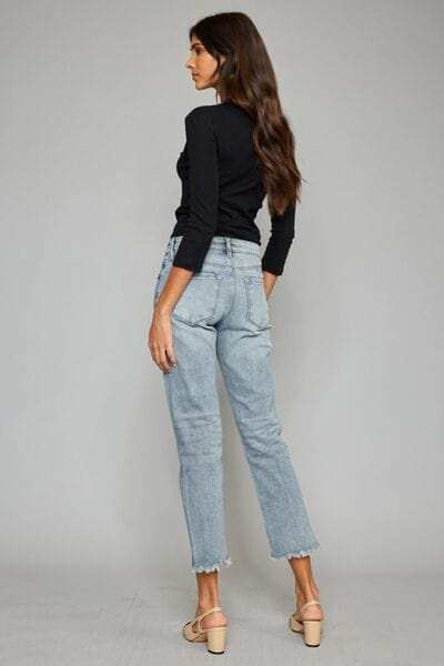 Kancan High Waist Button Fly Raw Hem Cropped Straight Jeans - Trendsi - Flyclothing LLC