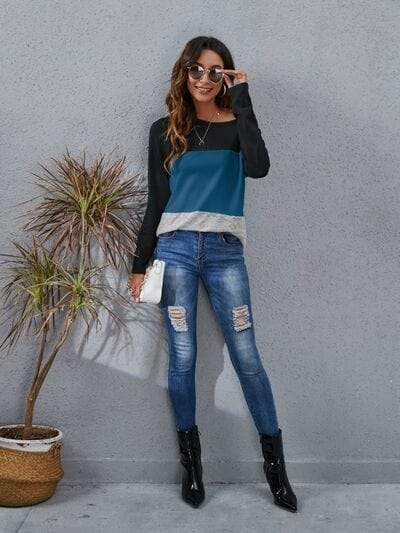 Color Block Round Neck Long Sleeve T-Shirt - Trendsi - Flyclothing LLC