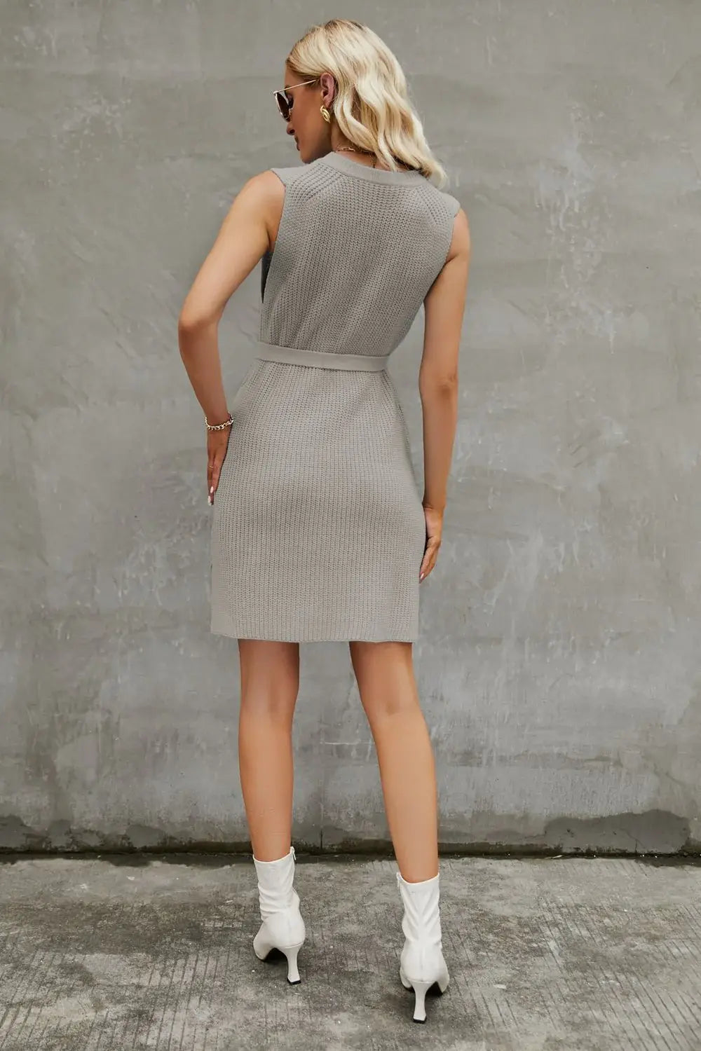 Round Neck Slit Sleeveless Sweater Dress - Trendsi - Flyclothing LLC