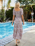 Printed Square Neck Short Sleeve Midi Dress - Trendsi