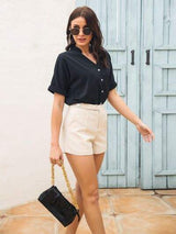 Notched Button Up Short Sleeve Shirt - Trendsi - Flyclothing LLC