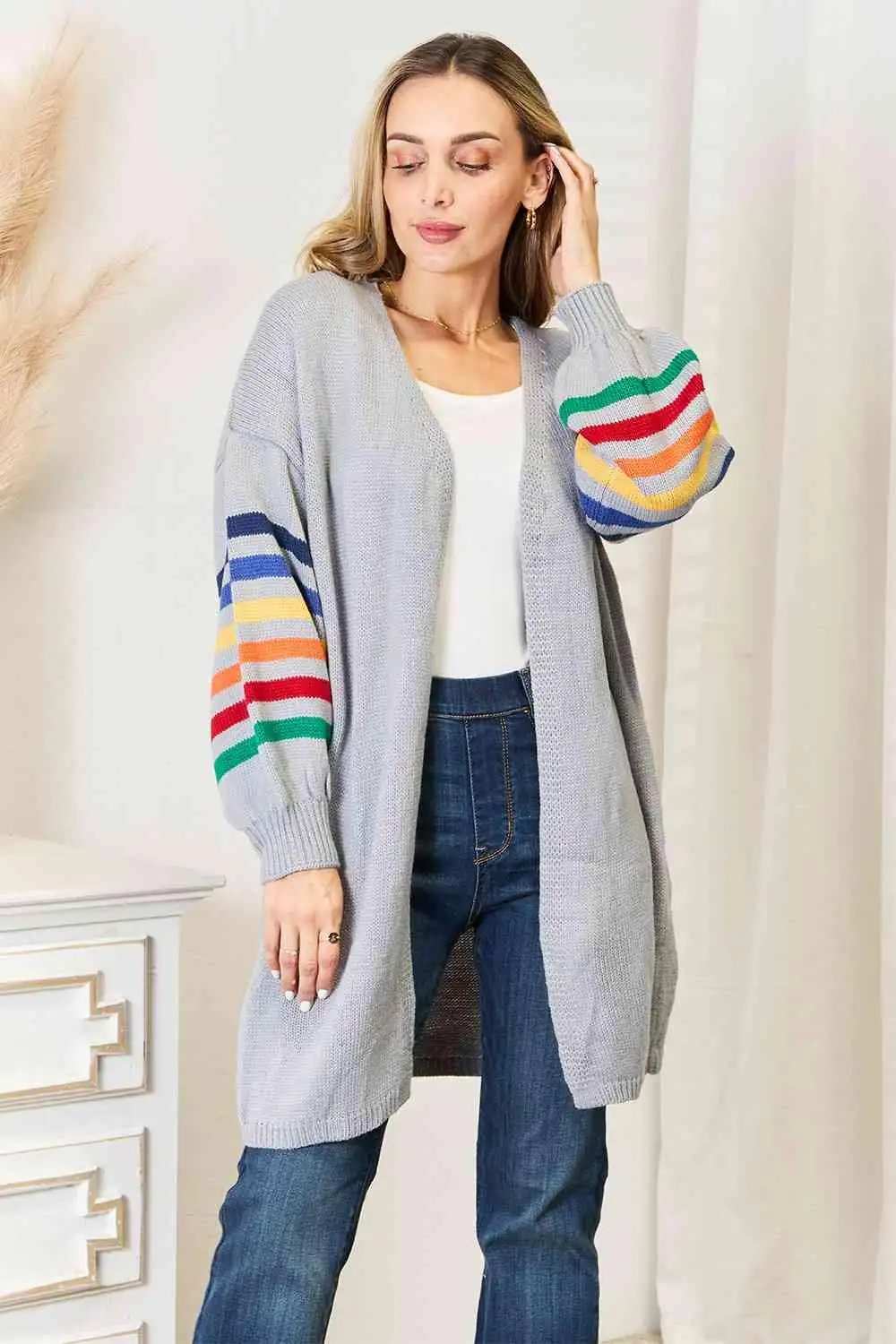 Double Take Multicolored Stripe Open Front Longline Cardigan - Trendsi - Flyclothing LLC