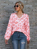 Leopard V-Neck Decorative Button Long Sleeve Blouse - Trendsi - Flyclothing LLC