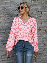 Leopard V-Neck Decorative Button Long Sleeve Blouse - Trendsi