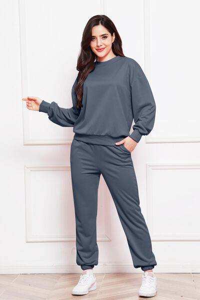 Round Neck Long Sleeve Sweatshirt and Pants Set - Trendsi - Flyclothing LLC