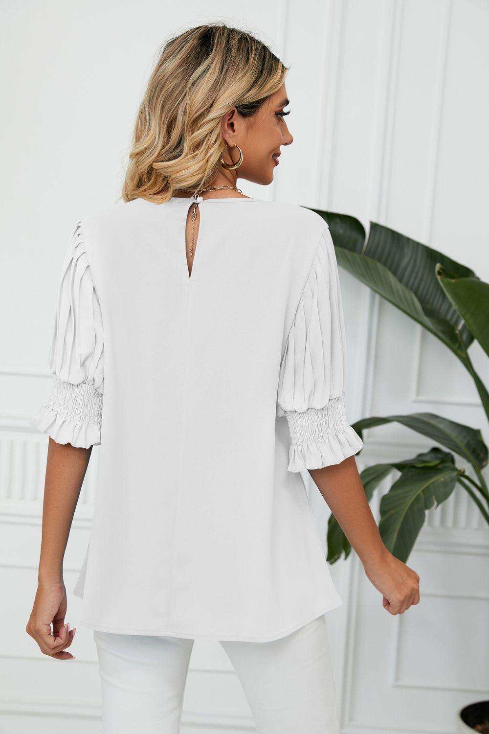 Pleated Flounce Sleeve Keyhole Blouse - Trendsi - Flyclothing LLC
