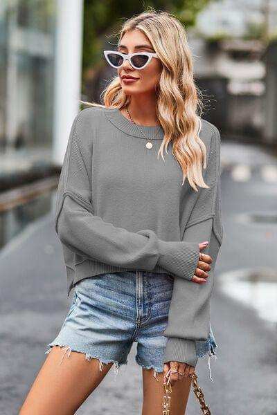 Round Neck Drop Shoulder Long Sleeve Sweater - Trendsi - Flyclothing LLC