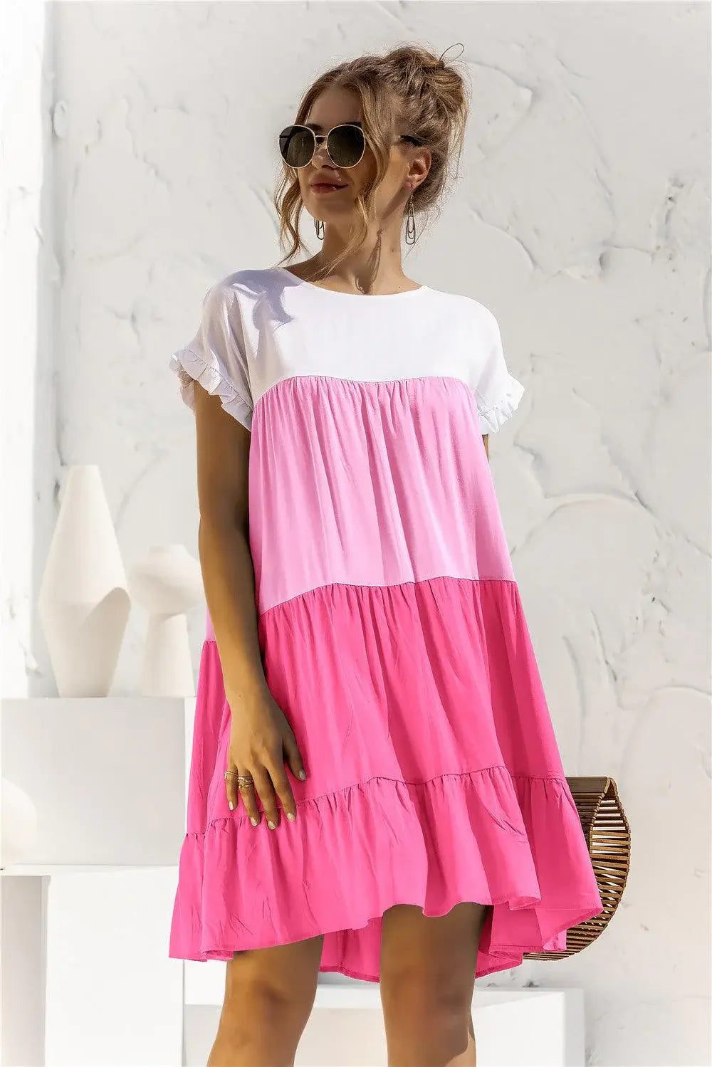 Color Block Round Neck Ruffle Hem Dress - Trendsi - Flyclothing LLC