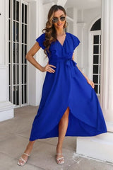 Ruffled Surplice Tie Waist Slit Midi Dress - Trendsi