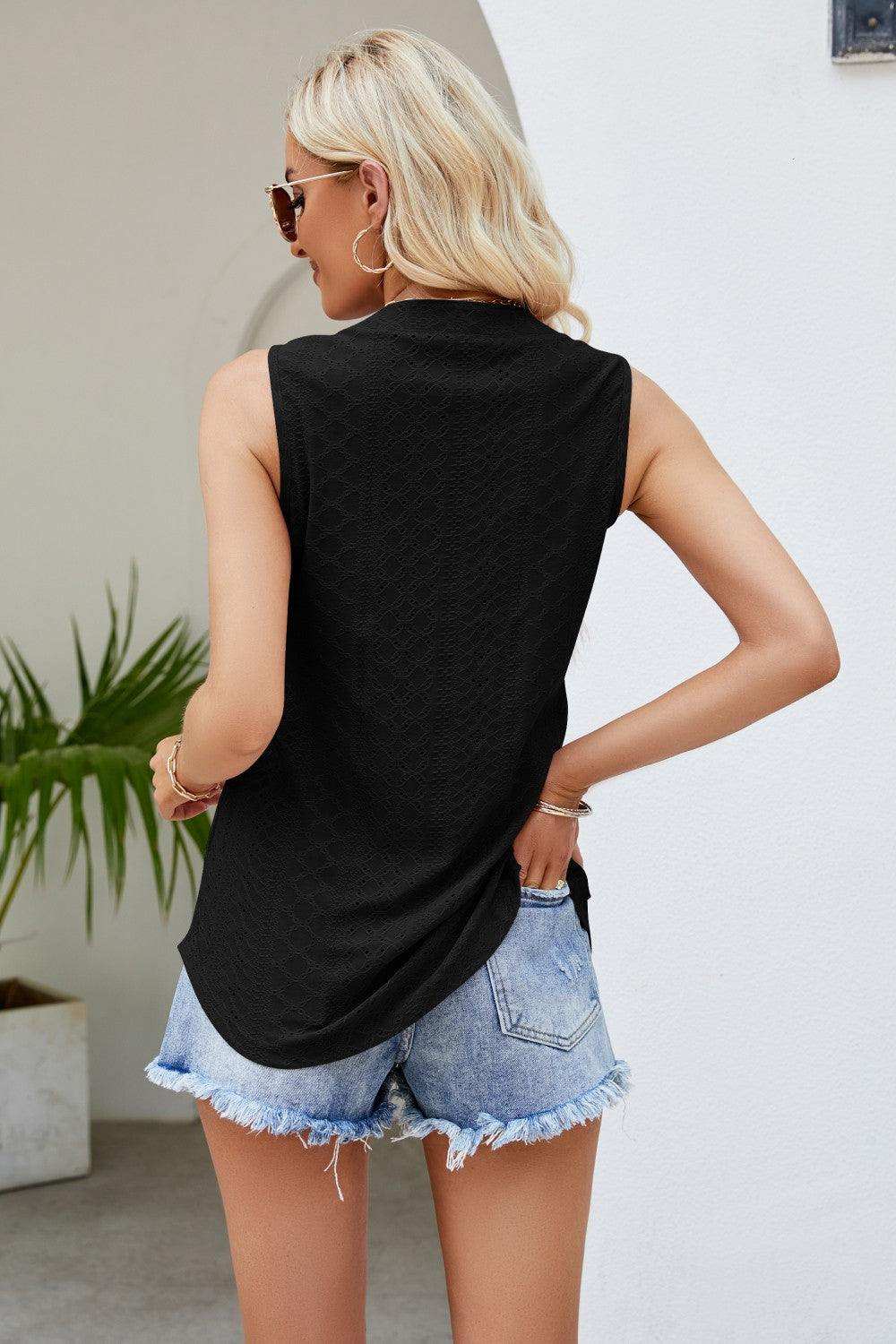 Notched Neck Curved Hem Eyelet Tank - Trendsi - Flyclothing LLC