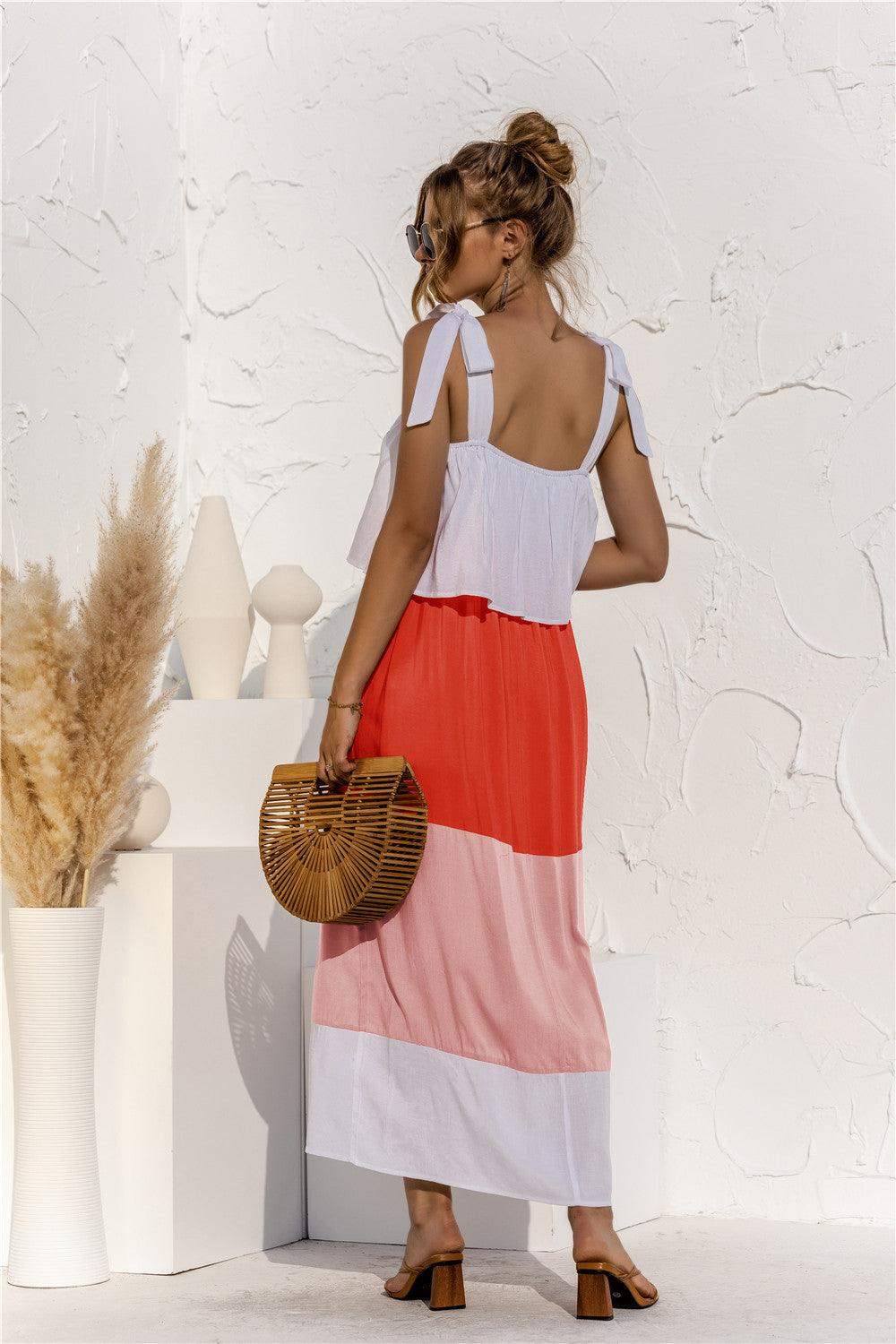 Color Block Tie Shoulder Tiered Sleeveless Dress - Trendsi - Flyclothing LLC