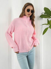 Turtleneck Zip Up Long Sleeve Knit Top - Flyclothing LLC