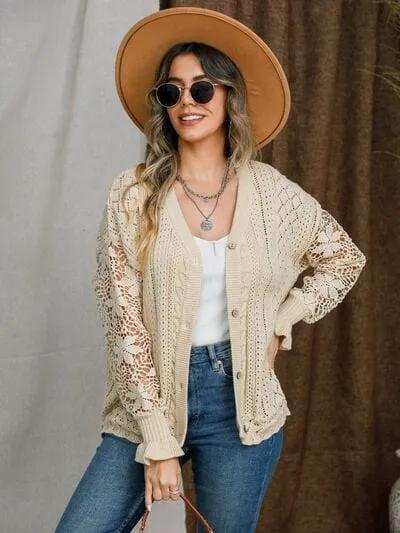 Eyelet Button Up Lantern Sleeve Cardigan - Trendsi - Flyclothing LLC