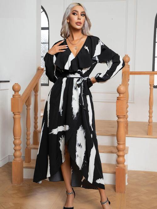 Printed Tie Front Ruffle Trim Long Sleeve Dress - Trendsi